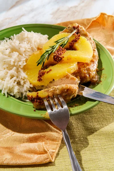 Rosemary Pineapple Mustard Glazed Chicken Rice Dinner Marble Kitchen Table — Stock Photo, Image