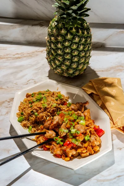 Asian cashew pineapple chicken with plain fried rice