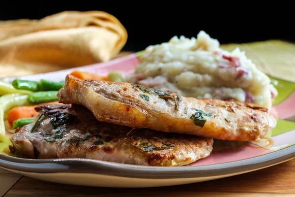 Sage Rosemary Bbq Pork Chops Skin Mashed Potatoes Green Beans — Stock Photo, Image