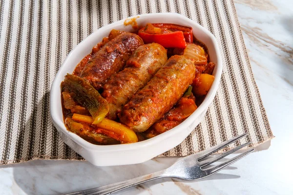 One Pot Italian Sausage Onions Peppers Potatoes Spicy Marinara Tomato — Stock Photo, Image