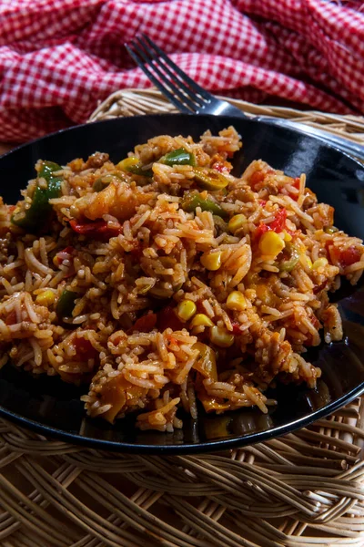 Spanish Rice Made Sausage Mixed Peppers Onions Corn Green Olives — Stock Photo, Image