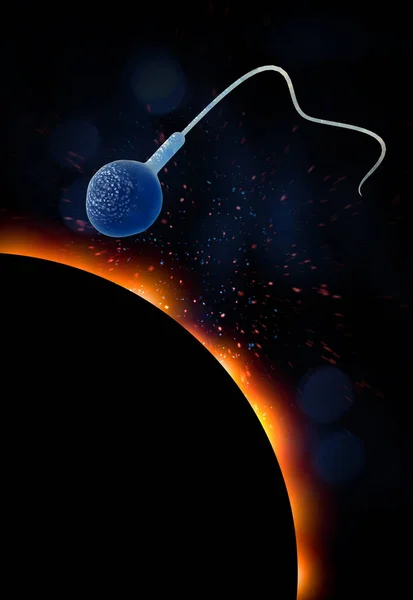 游泳精子赛跑使一个肥沃的人类卵子怀孕三维插图 — 图库照片
