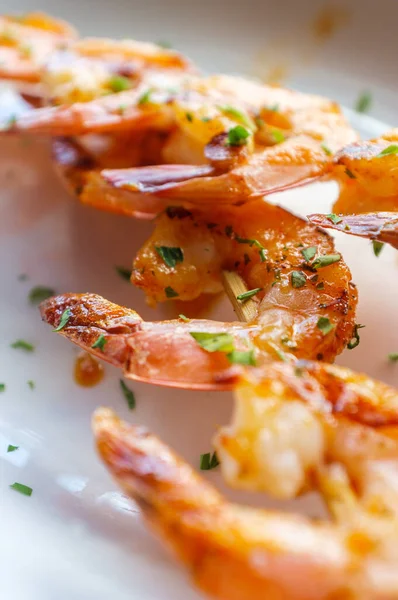 Fresh Hot Grilled Jumbo Shrimp Kebabs Parsley Stock Picture