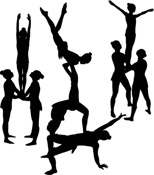Gymnasts Acrobats Vector Black Silhouette — Stock Vector