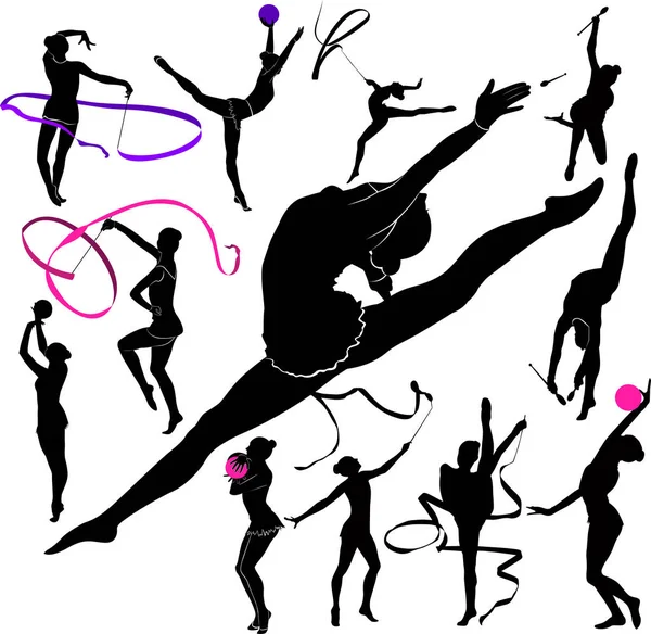 Ensemble Silhouettes Fille Gymnaste Athlète Isolé Sur Fond Blanc — Image vectorielle