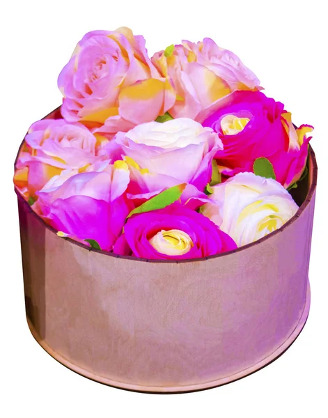 Roses Roses Dans Coffret Cadeau Rond Isolé Sur Fond Blanc — Photo