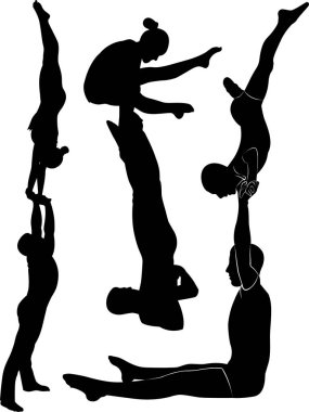 Jimnastikçiler akrobatlar siyah siluet vektör
