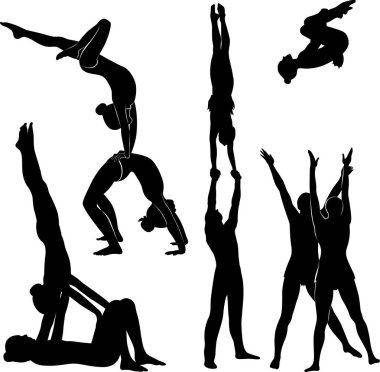 Jimnastikçiler akrobatlar siyah siluet vektör