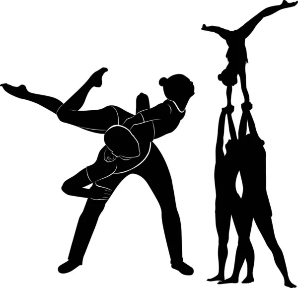 Акробатический Трюк Гимнастические Акробаты Векторного Черного Силуэта — стоковый вектор