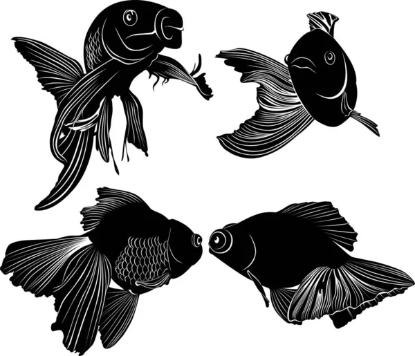 Set Black Silhouette Goldfish Isolated White Background — Stock Vector