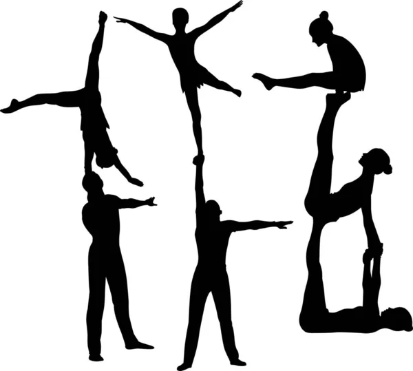 Gymnasts Acrobats Vector Black Silhouette — Stock Vector