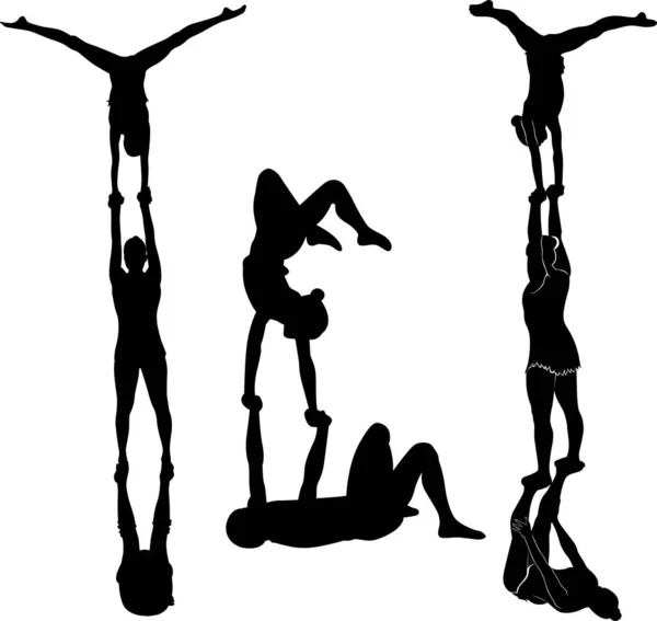 Gymnasts Acrobats Vector Black Silhouette — Stock Vector