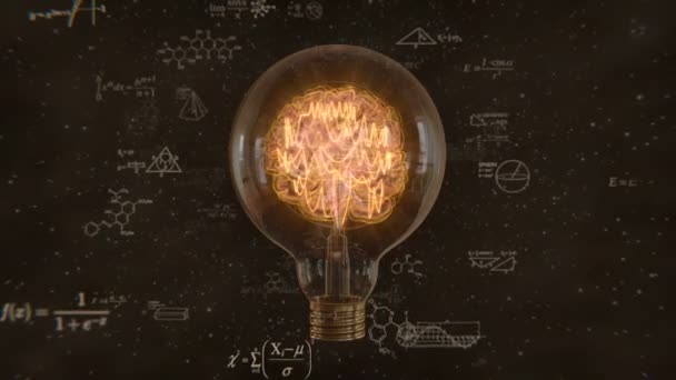 Ampoule Edison, cerveau nébuleux et arrière-plan de la formule — Video