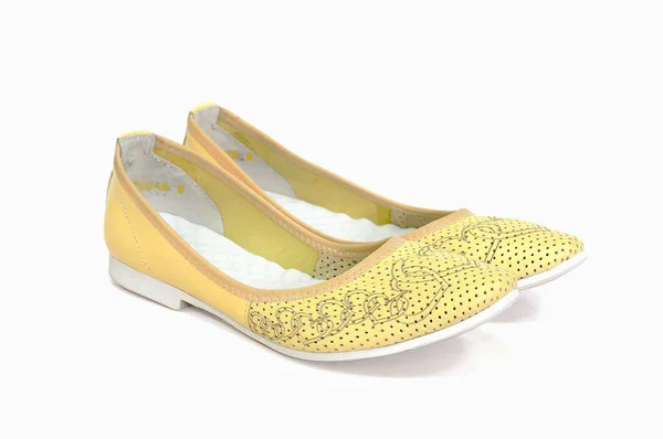 Sapatos Balé Feminino Amarelo Fundo Branco — Fotografia de Stock