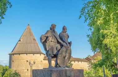 Monument in Staraya Ladoga to princes Rurik and Oleg, who are founders of the Russian state. Russia, Staraya Ladoga. May 31, 2018 clipart