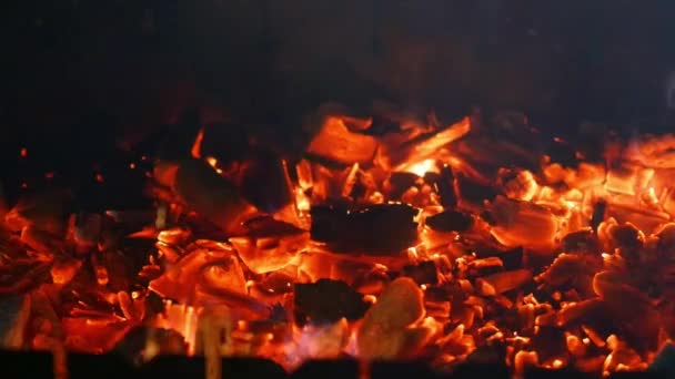 Kolen smeulen in een brazier, een persoon verhuist ze met een poker — Stockvideo