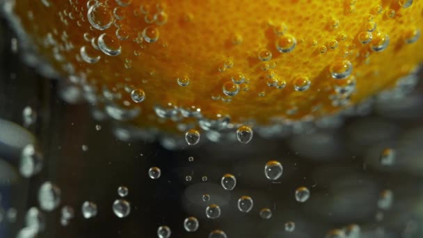 Mandarin falls into water on black background. Slow motion macro shot — Stock Video
