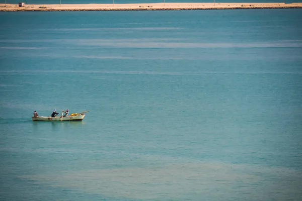 Pêcheurs dans le canal de Suez sur fond de maisons chères et de palmiers — Photo