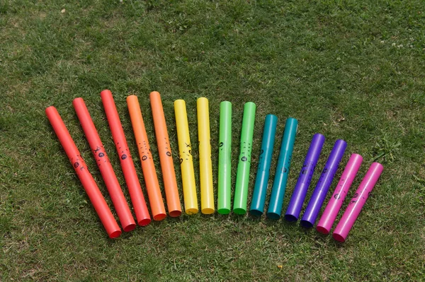 Boomwhackers en diferentes colores que ponen en una escala en un campo de hierba