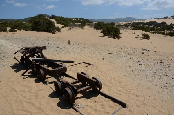 Chariots Miniers Sur Les Dunes Sable Aux Piscinas Sardinia Italie — Photo