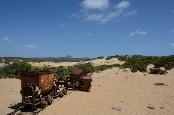 Mine Trolleys Sand Dunes Piscinas Sardinia Italy — Stock Photo, Image