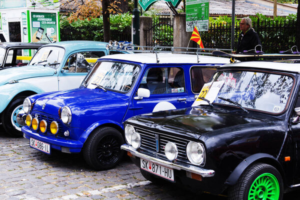 SKOPJE MACEDONIA - SEPTEMBER 29 2018: Retro car and motorbikes on exhibition of vintage auto. The exhibition called Old Timer Car Show September 29 2018 in Skopje.