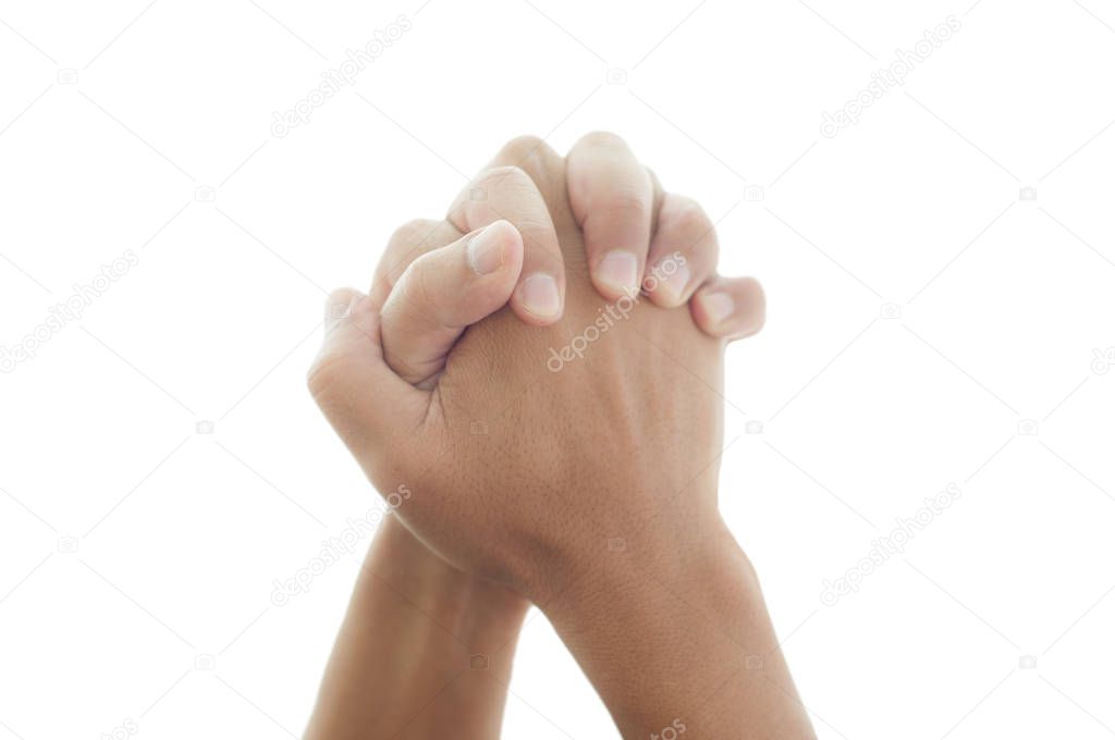 Hands clasped together on white 