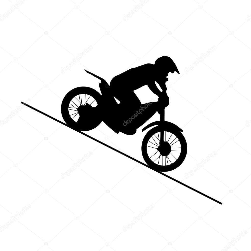 Isolated black silhouette of motorcycle riding down the hill . vector illustration.