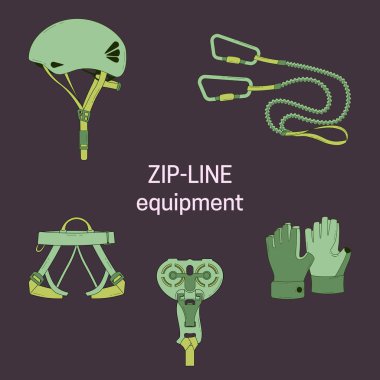 ZIP hat donanımları kümesi. Kask, koşum takımı, kasnak, eldiven karabinalar vektör çizim