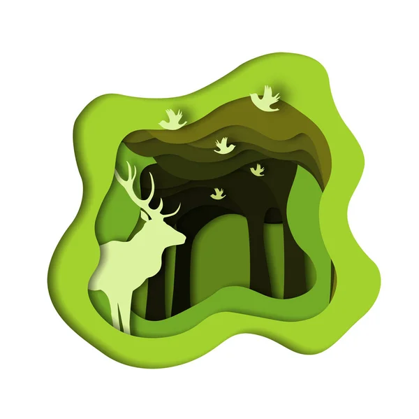 사슴과 조류와 숲입니다 스타일 Illustrtation — 스톡 벡터