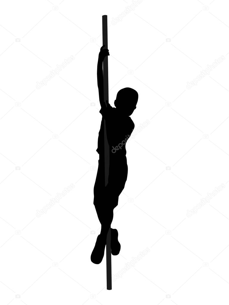 Black silhouette of a boy scrambling on the stave. Isolated vector illustration.