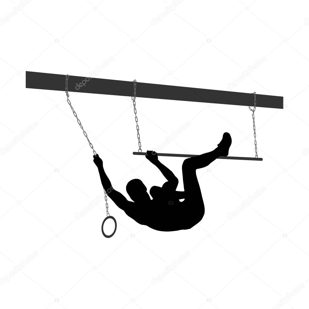 Black silhouette of athletic man overcoming the obstacle. Obstacle course symbol. Vector illustration.