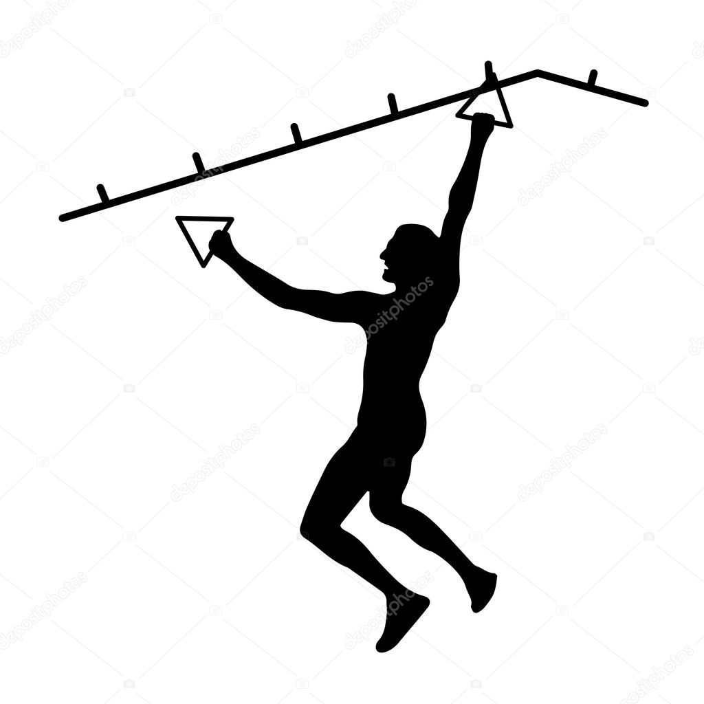 Black silhouette of athletic man overcoming the obstacle. Obstacle course symbol. Vector illustration.