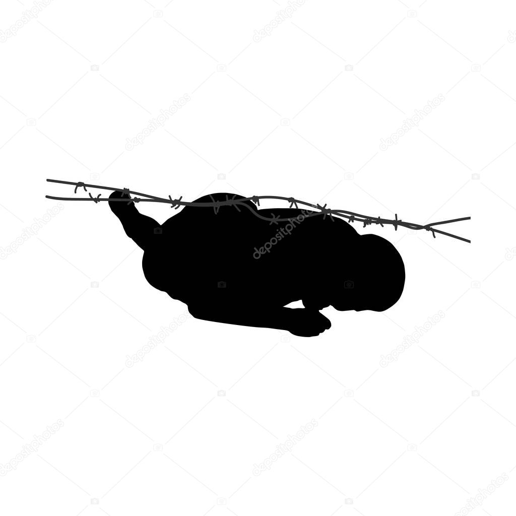 Black silhouette of athletic man creeping under the barbed wire. Obstacle course symbol. Vector illustration.
