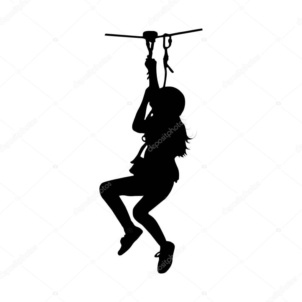 Black silhouette of a girl coming down on zip-line. Isolated vector illustration.