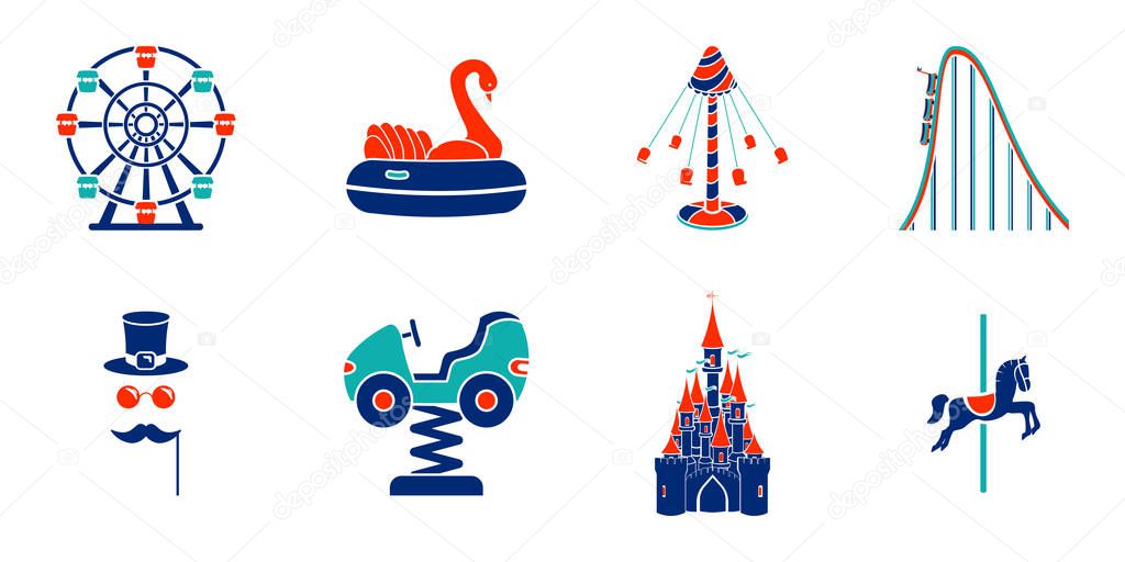 Set of line art amusement park ride icons.  Vector illustration.
