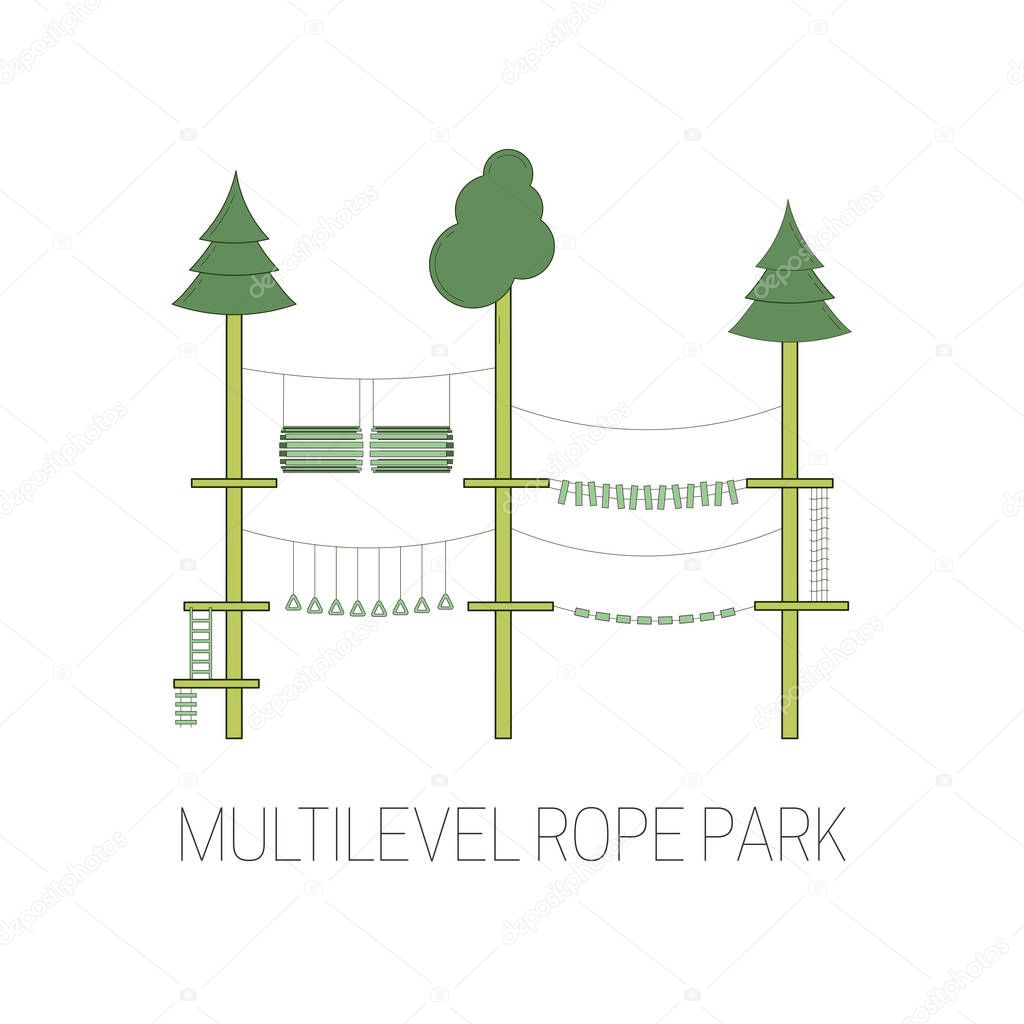 Multilevel rope park. line art style. Vector illustration