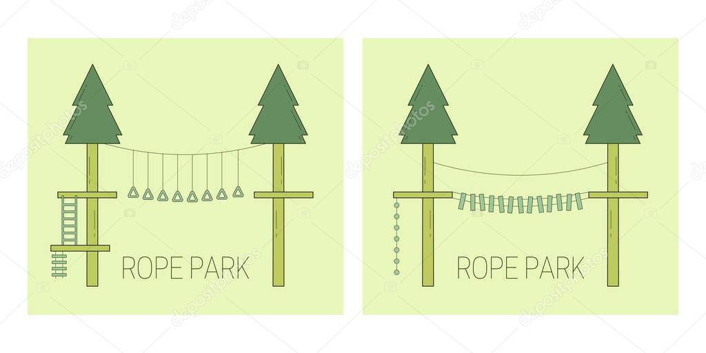 Rope park track on the trees. Vector illustration.