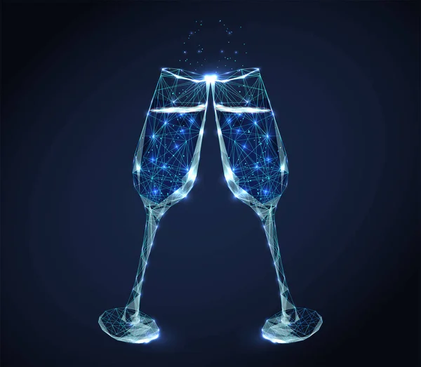 Twee Neon Clink Wijnglazen Met Champagne Bubbels Abstracte Geometrische Achtergrond — Stockvector