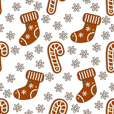 Noel candy sopa ve çorap beyaz zemin üzerine Gingerbread şeker seamless modeli. Vektör çizim.