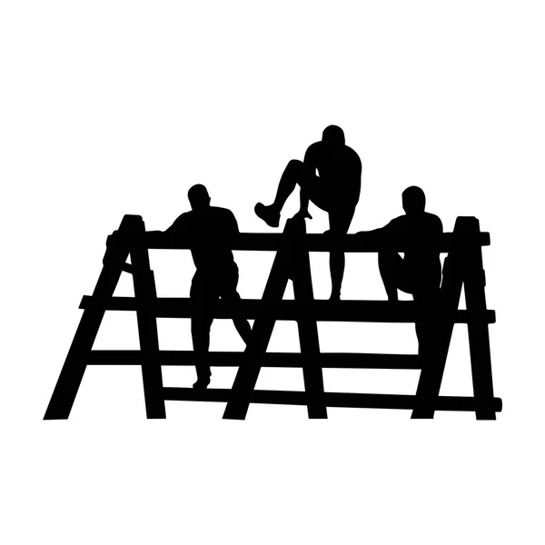 Siyah siluetler grup insan engel aşmak. Engel yarış sembolü. Vektör çizim.