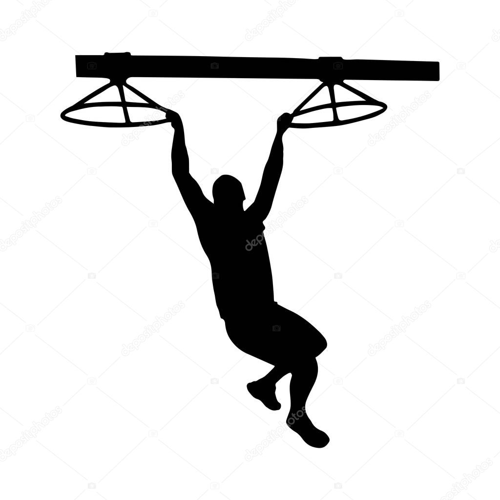 Black silhouette of a man overcoming the obstacle. Obstacle race symbol. Vector illustration.