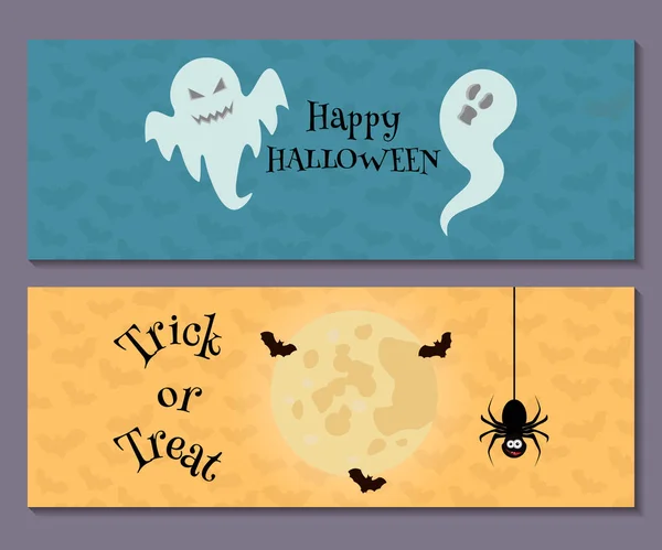 Banner Horizontal Halloween Dibujos Animados Con Luna Murciélago Araña Fantasmas — Archivo Imágenes Vectoriales