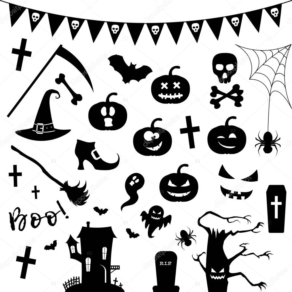 Halloween silhouette icon set with pumpkin, chost, horror castle, bat, tree, spider web and other holiday symbols.Vector illustration.