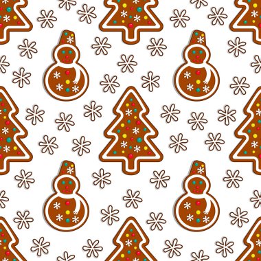 Kardan adam ve Noel ağacı beyaz zemin üzerine Gingerbread şeker seamless modeli. Vektör çizim.