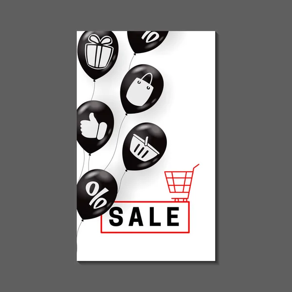 Sale Banner Design Air Balloons Shopping Symbols Basket Gift Box — Stock Vector