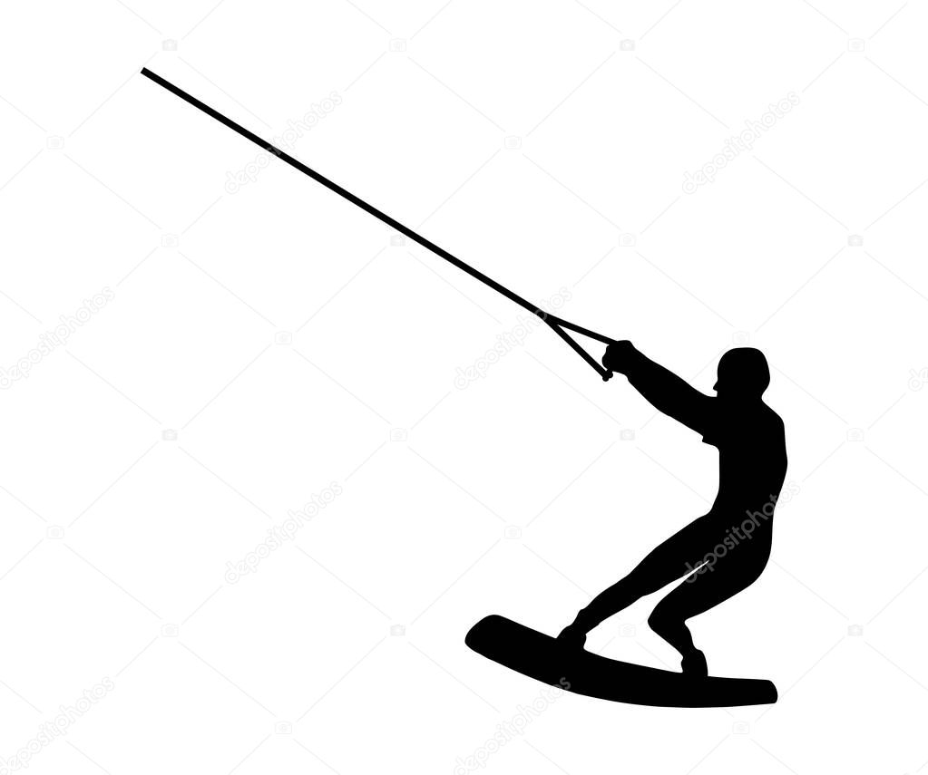 Black silhouette of a man on wakeboard on the white background. Isolated vector illustration.