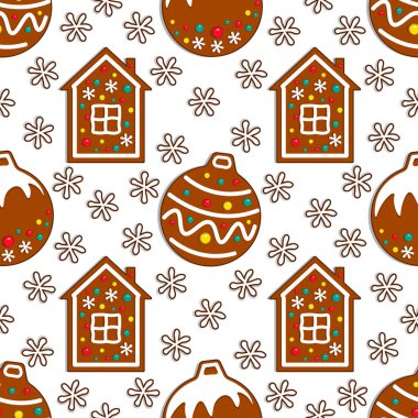 Noel oyuncak ve zencefilli ev beyaz zemin üzerine karikatür gingerbread şeker seamless modeli. Vektör çizim.