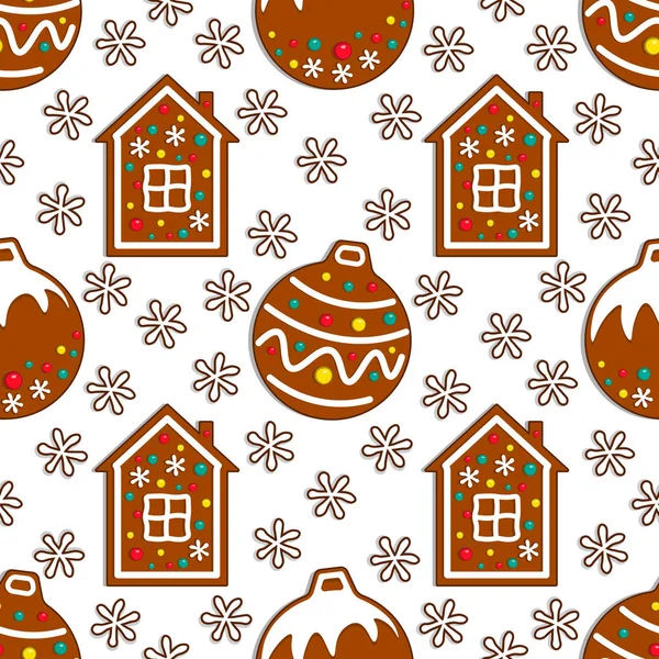Noel oyuncak ve zencefilli ev beyaz zemin üzerine karikatür gingerbread şeker seamless modeli. Vektör çizim.