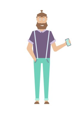 Düz karakter. Hareket eden telefon ile elinde duran karikatür hippi. Sakal ve saç modeli ile yakışıklı yetişkin adam. Beyaz arka plan üzerinde izole vektör çizim.